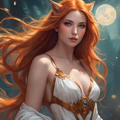 A beautiful, detailed digital painting of a woman with long, flowing, fiery orange hair and cat ears. She has fair skin, piercing blue eyes, and is wearing a white, ornate dress with golden accents. The background is a soft, ethereal forest scene with a full moon and glowing particles. She has a serene yet captivating expression, looking directly at the viewer with a gentle gaze. The overall style is fantasy-inspired and highly detailed, emphasizing soft lighting and intricate textures.