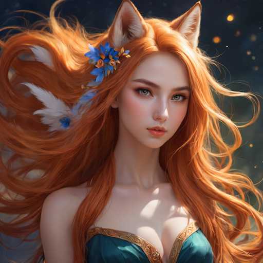 This image features a highly detailed, computer-generated depiction of a young woman with striking red hair. Her hair is long, flowing, and adorned with a blue flower on the left side. She has distinct, fox-like ears that are pointed and white inside, adding a fantastical element to her appearance. Her eyes are a captivating blue, and she has a fair complexion with a slight smile, revealing her top teeth. She is dressed in a green top with gold trim, which is low-cut, showcasing her cleavage. The background is a dark, almost black sky, dotted with small, glowing yellow stars, creating a mystical atmosphere. The overall style of the image is reminiscent of a video game or an AI-generated artwork, with a focus on the woman's detailed and realistic yet slightly surreal features.