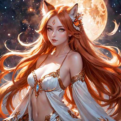 This image features a detailed, computer-generated depiction of a young woman with long, flowing red hair that cascades down to her waist. She has striking orange eyes and a diamond-shaped ornament on her forehead, which is adorned with blue and orange hues. Her attire is a white, strappy top that reveals her midriff, embellished with intricate gold trim and a prominent blue gem on the chest. The top is complemented by flowing white sleeves that extend to her elbows, also trimmed in gold. She has a delicate, pale complexion and a small nose. Atop her head, she wears red fox ears, with the left ear decorated with a flower. The background is a mesmerizing night sky filled with stars and a large, glowing orange moon, adding to the ethereal and magical atmosphere of the scene.