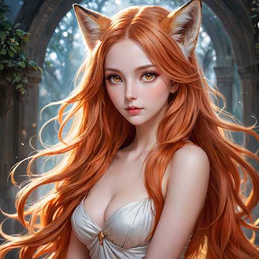 This image features a highly detailed, computer-generated or AI-generated depiction of a young woman with striking, long red hair that cascades down to her waist. She has a fair complexion and captivating golden eyes, accentuated by a touch of pink lipstick. Her attire is a sleeveless, silver dress that reveals a hint of cleavage, and it is adorned with a small gold brooch at the center. Adding to her unique appearance, she has fox-like ears with white fur and black tips. The background showcases a serene forest scene with sunlight filtering through the trees, creating a soft, ethereal glow. An archway made of stone is visible behind her, with green leaves hanging from the left side, adding a touch of nature to the setting. The overall composition blends elements of fantasy and realism, making the image both enchanting and visually striking.