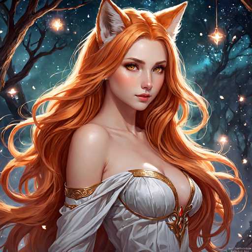 The image depicts a highly detailed, computer-generated or AI-generated artwork of a young woman with long, flowing red hair that cascades down to her waist. She has striking red eyes and is adorned with a pair of red cat ears. The woman is dressed in a white, low-cut dress that features intricate gold trim, including a gold band around her chest and a gold clasp at the front. The dress is off her shoulder on the right side, revealing more of her skin. She is positioned in a three-quarter view, facing slightly to the right, with her head turned towards the viewer. The background is a dark, starry night sky, dotted with glowing stars and silhouettes of bare trees, adding to the mystical atmosphere of the scene.