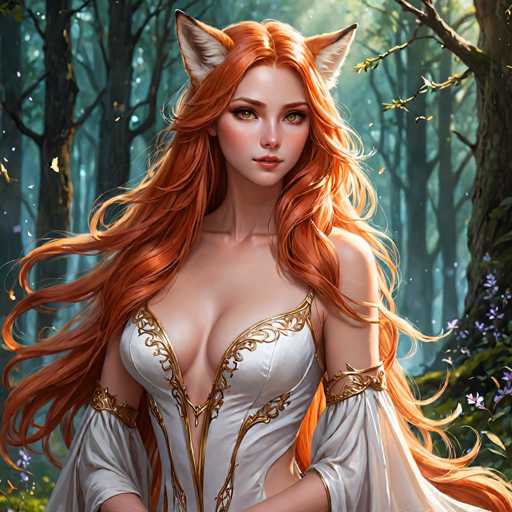 A beautiful, detailed digital painting of a woman with long, flowing, fiery red hair and large, pointed fox ears. She is wearing an elegant, white, off-shoulder gown with intricate gold detailing and long, flowing sleeves. Her skin has a warm, rosy tone, and her eyes are a soft amber color. She is standing in a lush, enchanted forest with tall, dark trees and glowing purple flowers scattered around. The overall style is fantasy-inspired, with a focus on soft lighting and a dreamy atmosphere.