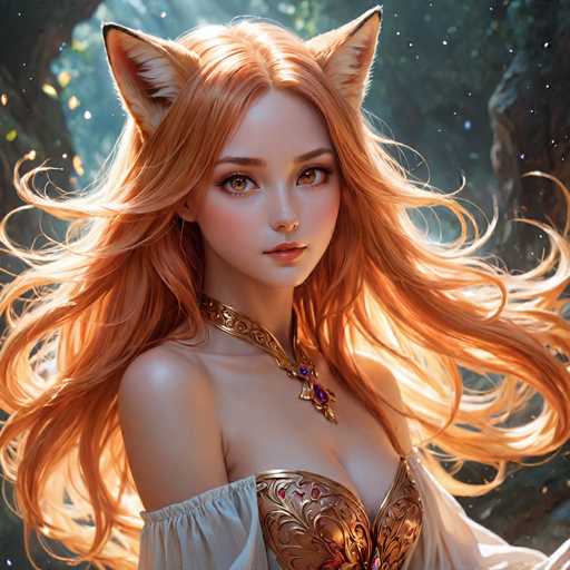 This image features a highly detailed, computer-generated or AI-generated fantasy character of a young woman with long, flowing red hair that cascades down her back. She has striking orange-brown eyes and a delicate, pale complexion. Adorning her head are large, fox-like ears with white fur and black tips, adding a whimsical touch to her appearance. Around her neck, she wears an ornate gold choker necklace, embellished with purple jewels and intricate designs. Her attire includes a gold bra-like top with a low neckline, complemented by white sleeves that extend to her elbows. The background is a mystical forest scene, with sunlight filtering through the trees, creating a magical atmosphere. The overall composition is reminiscent of a fantasy video game or an anime, with the character exuding an ethereal and enchanting presence.