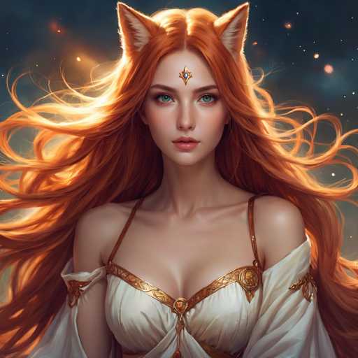 A woman with long red hair and a white dress is the central figure in this digital illustration. She has striking blue eyes that contrast beautifully against her vibrant red hair. The background of the image is dark and filled with stars, giving it an ethereal quality. The woman's position in the center of the image draws attention to her as the main subject.