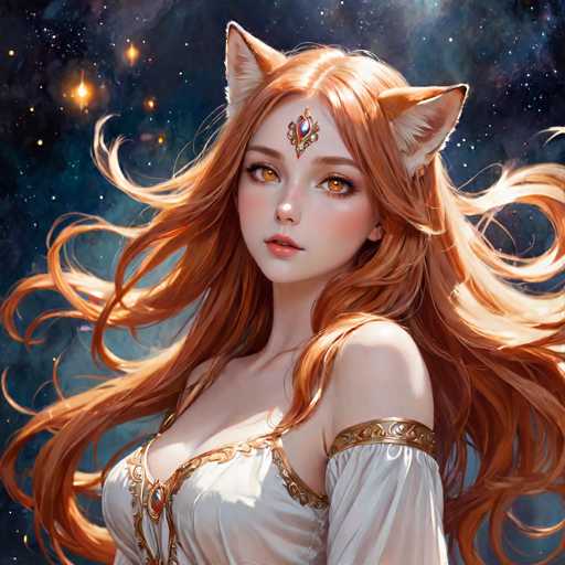 This image features a highly detailed, computer-generated or AI-generated fantasy character of a young woman with strikingly long, flowing red hair that cascades past her waist. She has a fair complexion and captivating orange eyes, accentuated by a jewel adorning her forehead. Her attire is a white dress with intricate gold trim, which includes a low-cut neckline and a single strap on her left shoulder. Adding to her mystical appearance, she has fox-like ears, with the inner part of the ears being white and the outer part blending seamlessly with her vibrant red hair. The background is a mesmerizing, dark blue expanse dotted with stars, resembling a galaxy, which enhances the otherworldly aura of the character.