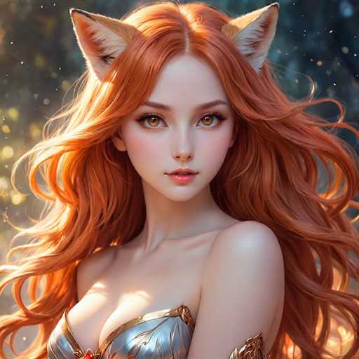 The image depicts a highly detailed, computer-generated or AI-generated artwork of a young woman with striking features. She has long, flowing red hair that cascades down to her waist, with a distinct part in the middle. Her hair is adorned with two fox-like ears, white with black tips, adding a fantastical element to her appearance. Her eyes are a captivating amber or light brown, and she has full lips painted in a soft pink hue. She is wearing a silver, strapless top that resembles a bra, intricately designed with gold accents and a prominent red gem at the center. The top is cut low, revealing her cleavage. The background is a blurred mix of dark and light, with hints of trees and a sky dotted with stars, creating a mystical atmosphere. The overall composition is square, focusing on the woman's face and upper body, with the background adding depth and context to the enchanting scene.