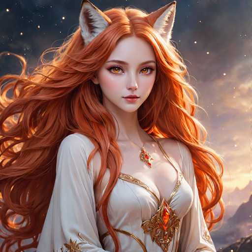 This image is a detailed digital illustration of a young woman with striking features. She has long, flowing red hair that cascades down her back, with a few strands framing her face. Her hair is adorned with white and black striped cat ears, adding a whimsical touch to her appearance. Her eyes are a captivating brown, and her lips are painted a soft pink. She has a fair complexion and is dressed in a white gown that features intricate gold embroidery. The gown is low-cut, revealing a hint of her cleavage, and is adorned with a prominent red gem at the center of her chest. The background is a dark, starry night sky, with a hint of yellow near the horizon, suggesting a distant light source. The overall composition is rich in detail, blending fantasy and realism to create a captivating portrait.