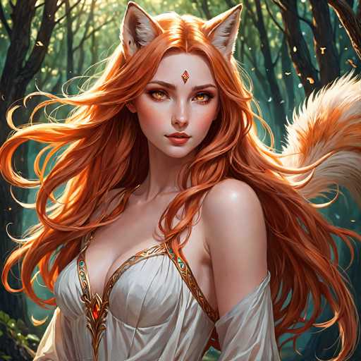 A woman with long red hair and a white dress is the central figure in this digital illustration. She has striking red eyes that seem to sparkle under the light, and her hair flows down her back like a waterfall of fire. The background features trees and foliage, adding depth and texture to the scene.