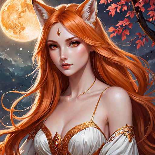 This detailed digital illustration depicts a young woman with long, flowing red hair and striking orange eyes, gazing directly at the viewer. She has a fair complexion and wears a white dress adorned with intricate gold embroidery and a single thin gold strap over her left shoulder. A prominent red jewel embellishes the center of her dress. Her attire is complemented by a gold necklace and a diamond-shaped ornament on her forehead. The woman also sports fox-like ears, adding a fantastical element to her appearance. The background features a dark, starry night sky with a large, glowing full moon in the top left corner. A tree branch with red leaves extends into the frame from the top right, adding a touch of color and depth to the scene. The overall composition is rich in detail, blending elements of fantasy and realism.