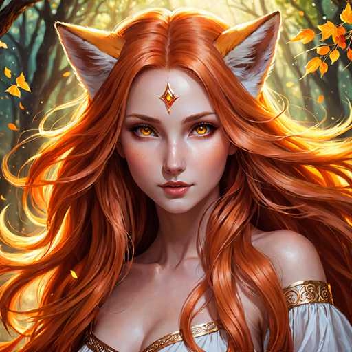 This image portrays a detailed, computer-generated or AI-generated fantasy character of a young woman with striking features. She has long, flowing red hair that cascades down to her chest, with a hint of orange at the tips. Her eyes are a mesmerizing golden amber, and she has a small, diamond-shaped ornament on her forehead. She also sports large, fox-like ears that are orange on the outside and white on the inside. The character is dressed in a white, low-cut dress adorned with gold trim, and her shoulders are bare. The background features a serene forest scene with trees and yellow leaves, illuminated by sunlight that casts a warm glow on her hair and the surrounding foliage. The overall composition highlights her ethereal and mystical presence.