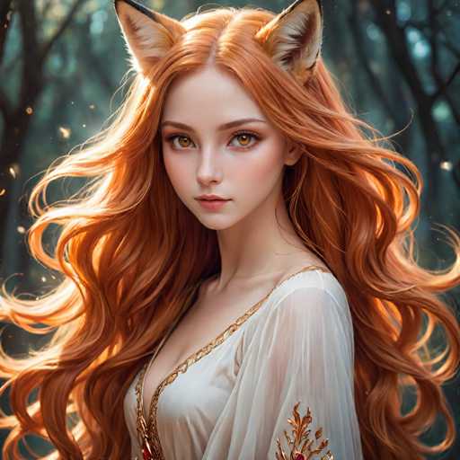 The image depicts a highly detailed, computer-generated or AI-generated artwork of a young woman with long, flowing red hair that cascades down to her waist. She has striking red eyes and a fair complexion, with a hint of pink on her lips. Her attire is a white, sheer nightgown adorned with gold trim along the neckline and sleeves, which are long and flowing. The nightgown features a red gemstone at the center of her chest, adding a touch of elegance. Notably, she has large, fox-like ears with white fur and black tips, giving her a fantastical appearance. The background is a dark, blurry forest with indistinct tree shapes, creating a mysterious and enchanting atmosphere.