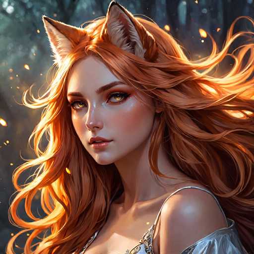 This image features a highly detailed, computer-generated or AI-generated depiction of a young woman with striking red hair and matching red eyes. She has a fair complexion and is adorned with fox-like ears, which are white on the inside and red on the outside, adding a fantastical element to her appearance. Her hair is long, wavy, and appears to be flowing in the wind, with a golden hue that captures the light. She is dressed in a white top with intricate gold designs, and the image is cropped just below her chest. The background is a dark, blurry forest with hints of green and blue, illuminated by small, glowing yellow and orange lights that resemble embers or fireflies. The woman is looking slightly to the left, her expression serene and captivating, with her lips painted a soft pink. The overall scene is bathed in a warm, ethereal glow, enhancing the mystical and enchanting atmosphere.