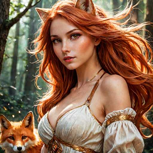 In this captivating fantasy image, a striking red-haired woman stands in a lush forest, her long hair flowing gently in the breeze. She is adorned in a white dress intricately trimmed with gold, which features a single strap over her shoulder and a low-cut neckline. Her attire is complemented by a gold belt and a gold armband on her left arm. The woman's face is framed by delicate freckles, and her expressive brown eyes gaze directly at the viewer. Adding to her mystical appearance, she has fox-like ears protruding from her head. At her side, a small red fox with a white muzzle and nose sits attentively, its ears perked up. The background is filled with tall trees, their green leaves dappled with sunlight, creating a serene and enchanting atmosphere.