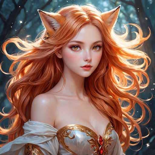 This image is a detailed, computer-generated illustration of a young woman with long, flowing red hair that cascades down to her waist. She has striking, large fox ears that are orange with white insides, and her eyes are a captivating amber or hazel color. Her complexion is very pale, accentuated by a light pink blush on her cheeks and pink lips. She is adorned in a silver dress with intricate gold trim and red gemstones, which features a low neckline that reveals some cleavage. A white shawl drapes off her right shoulder, adding to her ethereal appearance. The background is a dark, starry forest with tall trees, creating a mystical atmosphere. The overall style of the image is reminiscent of a fantasy anime, with a focus on the character's enchanting and otherworldly features.