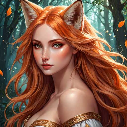 This image is a detailed, computer-generated illustration of a young woman with striking red hair and fox-like ears, standing in a serene forest setting. She has long, flowing red hair that cascades down to her waist, with a section tucked behind her left ear, revealing her pointed, white-and-brown fox ears. Her green eyes are accentuated by red lipstick and a touch of freckles on her cheeks, giving her a whimsical, fairy-tale appearance. She is dressed in a white gown adorned with intricate gold embroidery along the top, which leaves her shoulders bare. The background features a dense forest with tall trees and a carpet of orange leaves, enhancing the enchanting, autumnal atmosphere. The overall composition suggests she might be a character from a fantasy story, possibly a princess or a mythical being, with her ethereal presence and the magical forest around her.