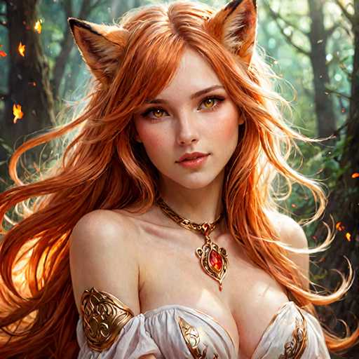 The image depicts a woman with long red hair and freckles wearing a white dress adorned with gold accents. She is positioned against the backdrop of a forested area, suggesting an outdoor setting or perhaps a fairy tale-like scenario. The woman's gaze is directed towards the camera, creating a sense of connection between her and the viewer.