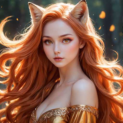 This image is a highly detailed, computer-generated illustration of a young woman with striking features. She has long, flowing red hair that cascades down to her waist, with a few strands appearing to be caught in a gentle breeze. Her hair is parted in the middle, and it seems to shimmer with a golden hue, possibly reflecting the sunlight. She has light skin, accentuated by a subtle blush on her cheeks and pink lipstick. Her eyes are a captivating amber or brownish-gold color, framed by long eyelashes and thin eyebrows. Adding to her unique appearance, she has two pointed ears, resembling those of a fox or cat, with white fur inside. She is dressed in a golden, off-the-shoulder top that reveals her bare shoulders and chest, adorned with intricate, swirling patterns around the neckline. The background is a blurred, dark green forest with hints of orange and yellow light filtering through, creating a mystical atmosphere. The overall composition gives the impression of a character from a fantasy or fairy tale, possibly AI-generated, with a serene and enchanting presence.