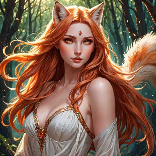 This image is a detailed, computer-generated illustration of a young woman with long, flowing red hair that cascades down to her waist. She has striking red eyes and a small red jewel adorning her forehead. Her attire is a white, low-cut dress with intricate gold trim and a red gem at the center of the neckline. The dress features sheer sleeves that extend to her elbows. Notably, she has fox-like ears with white fur on the inside, adding a whimsical touch to her appearance. A large, bushy tail, colored in shades of orange and white, extends from her back, further enhancing her mythical look. The background depicts a serene forest scene with sunlight filtering through the trees, casting a warm glow on her hair and the surrounding foliage.