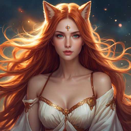 This image depicts a highly detailed, computer-generated fantasy character of a young woman with long, flowing red hair that appears to be caught in a gentle breeze. Her striking blue eyes are accentuated by a diamond-shaped ornament on her forehead, which features a blue gem at its center. She has a fair complexion and full lips, with a subtle smile on her face. Adorning her head are red cat ears, adding a whimsical touch to her appearance. She is dressed in a white gown with intricate gold trim, which includes a low-cut neckline and thin straps over her shoulders. The background is a dark, starry sky, with various colored stars—orange, yellow, and pink—scattered around, enhancing the magical and ethereal atmosphere of the scene.