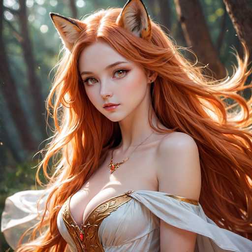 This image features a highly detailed, computer-generated or AI-generated depiction of a young woman with striking red hair and fox-like ears. She has long, flowing red hair that cascades down her back, with a section tucked behind her left ear. Her eyes are a captivating blend of brown and green, and she wears a subtle touch of pink lipstick. The woman is adorned in a white dress with intricate gold trim, which includes a gold band around her upper arm and a gold clasp at the top of her chest. A red gemstone is prominently displayed on her chest, complemented by a gold necklace with a red pendant. She stands in a serene forest setting, with sunlight filtering through the trees, casting a gentle glow on her hair and the dress. The background is slightly blurred, emphasizing the woman's detailed and lifelike appearance.