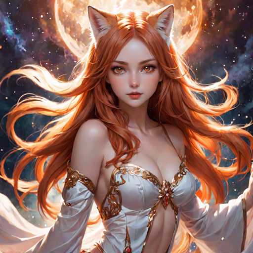 This image is a detailed, computer-generated illustration of a young woman with striking features. She has long, flowing red hair that cascades down to her waist, with some strands appearing almost orange. Her hair is parted in the middle, and she has distinct fox-like ears that are white on the inside and red on the outside. Her eyes are a captivating amber or orange-brown, and she has a small, pointed nose and full red lips. 

She is dressed in a white, lacy outfit that reveals her shoulders and chest, adorned with intricate gold trim and red jewels. The outfit includes a corset-like top with long, flowing sleeves that extend to her wrists. The background is a mesmerizing night sky filled with stars and swirls of blue, purple, and pink, with a large, glowing moon partially obscured by her head. The overall scene is vibrant and enchanting, blending elements of fantasy and elegance.