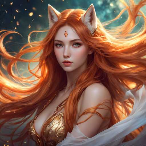 This image is a detailed, computer-generated illustration of a young woman with long, flowing red hair that appears to be caught in a gentle breeze. She has striking green eyes and a fair complexion, accentuated by pink lipstick and subtle makeup. Her hair is adorned with white, fox-like ears that have pink insides, adding a whimsical touch to her appearance. A golden ornament resembling a fleur-de-lis is prominently displayed on her forehead. She is dressed in a golden, leaf-patterned top that reveals a significant amount of cleavage, and a sheer white fabric drapes over her left arm. The background features a dark blue sky with light blue and yellowish hues, and floating golden leaves, enhancing the ethereal and magical atmosphere of the scene.