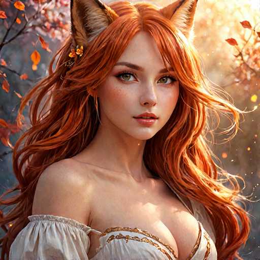 The image depicts a highly detailed, computer-generated or AI-generated fantasy character of a young woman with long, flowing red hair adorned with a small yellow flower. She has striking green eyes, red lips, and a sprinkling of freckles across her cheeks. Her attire is a white, off-the-shoulder dress with puffy sleeves, intricately trimmed with gold embroidery. Adding to her otherworldly appearance, she has large, fox-like ears that are brown with white fur inside. The background features a serene autumnal scene with trees bearing orange leaves, bathed in sunlight that casts a warm glow on her hair and face. The overall composition exudes a magical, ethereal quality, reminiscent of characters from fantasy stories like Harry Potter.
