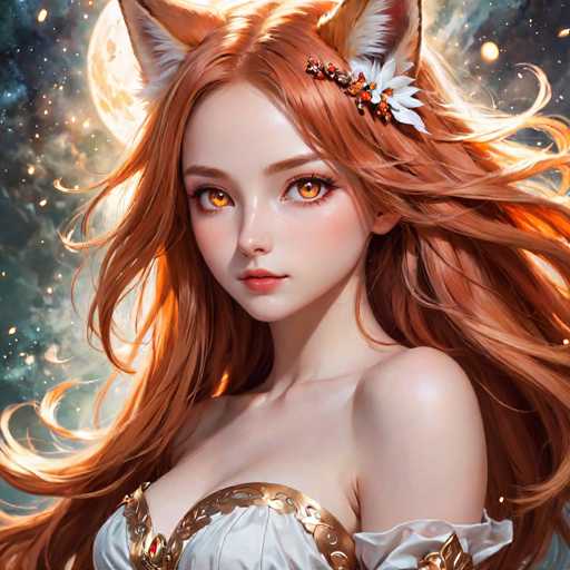 This image features a highly detailed, computer-generated depiction of a young woman with striking red hair and fox-like ears. She has a fair complexion, accentuated by a touch of pink blush on her cheeks and vibrant red lips. Her eyes are a captivating amber color, adding to her ethereal appearance. Adorning her hair is a white flower with a red and yellow center, positioned on the left side of her head. The woman is dressed in a white top with a gold band around the chest, which appears to be part of a dress. The background is a mesmerizing night sky filled with stars and a prominent moon, enhancing the mystical and enchanting atmosphere of the scene.