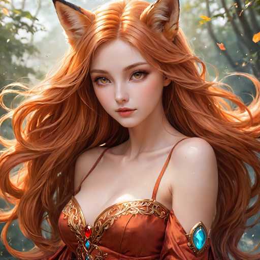 This image features a highly detailed, computer-generated or AI-generated anime-style character of a young woman with long, flowing red hair and striking yellow eyes. She has distinct fox-like ears, with the left ear slightly larger than the right, adding a whimsical touch to her appearance. Her complexion is very pale, and she wears a red dress adorned with intricate gold embroidery and gemstones. A prominent blue gemstone is set on her left bicep, while a red gem embellishes the center of her dress. The background is a serene forest scene with trees and a misty atmosphere, enhancing the ethereal quality of the image. The character's expression is neutral, and she gazes directly at the viewer, creating a captivating and mysterious aura.