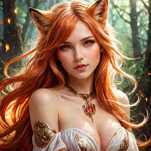 This image depicts a highly detailed, computer-generated or AI-generated artwork of a young woman with striking features. She has long, flowing red hair that cascades down to her waist, and her light brown eyes are accentuated by her full lips. Her face is adorned with a touch of blush on her cheeks, adding a soft, rosy hue to her complexion. 

The woman is dressed in a white, off-the-shoulder top that reveals her shoulders and part of her chest. The top features intricate gold embroidery, adding a touch of elegance to her attire. Around her neck, she wears a gold choker necklace with a prominent red gemstone pendant that dangles in the center of her chest.

Her most distinctive feature is the pair of fox-like ears that protrude from the sides of her head, each ear lined with white fur and tipped with black. The background sets a mystical scene, with a forest of tall, dark tree trunks and lush green leaves. Scattered throughout the image are small, glowing orange and yellow flames, adding a magical ambiance to the overall composition.