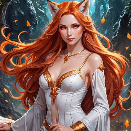 The image depicts a highly detailed, computer-generated fantasy character of a young woman with long, flowing red hair that extends past her waist. She has striking red eyes and is adorned with a gold necklace featuring a prominent red jewel. Her attire includes a white dress with intricate gold trim, a low-cut neckline, and long sleeves that drape elegantly over her arms. The dress is further embellished with a red gem at the center of her chest and a gold belt around her waist. The character also sports red fox ears, adding to her mystical appearance. She stands in a dramatic, rocky landscape with vibrant orange and yellow leaves floating around her, enhancing the enchanting atmosphere of the scene.