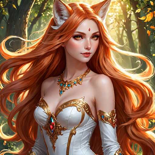 The image depicts a highly detailed, computer-generated or AI-generated artwork of a young woman with long, flowing red hair that cascades down to her waist. She has striking orange eyes and a small red diamond adorning her forehead. Her attire is a white corset-like dress, intricately trimmed with gold and embellished with blue and red jewels. The dress features a prominent red gem at the center of her chest, surrounded by gold accents. She also wears a matching gold and blue necklace. The woman has white cat ears with pink insides, adding a whimsical touch to her appearance. She is standing in a lush forest, with sunlight filtering through the trees, casting a warm glow on her and highlighting the vibrant colors of her hair and dress. The background is filled with green foliage, and the overall scene exudes a magical, ethereal quality.