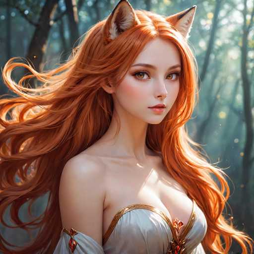 This image features a highly detailed, computer-generated or AI-generated artwork of a young woman with striking red hair. She is depicted from the chest up, wearing a white dress adorned with gold trim and a red gem at the center. Her long, flowing red hair cascades down to her waist, and she has a pair of fox ears with black tips and white fur. Her light brown eyes are accentuated with makeup, and she has a fair complexion with pink lips and a slight blush on her cheeks. The background is a serene forest with tall, slender trees, some of which are illuminated by sunlight, creating a dappled effect on the scene. The overall composition is square, with the woman positioned centrally, gazing slightly to the right. The image exudes a fantasy or anime-inspired aesthetic, with no text present.