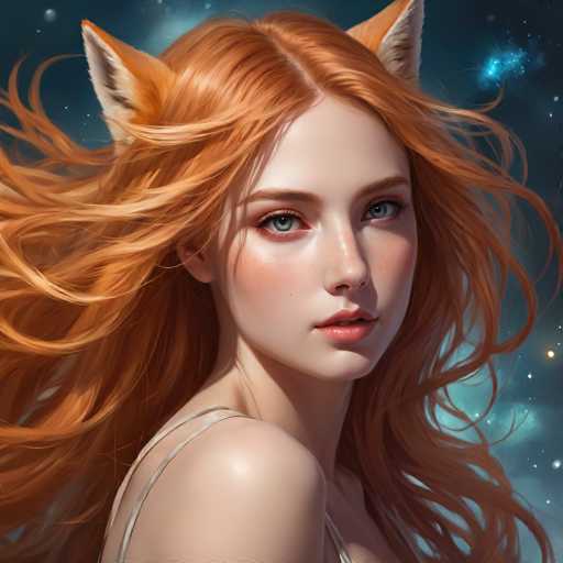 This image is a detailed, computer-generated illustration of a young woman with striking features. She has long, flowing red hair that cascades down her back, and her blue eyes are accentuated by her red lips. Her face is adorned with a light dusting of freckles across her nose and cheeks, adding a touch of realism to her otherwise ethereal appearance. Notably, she has fox-like ears, with the inner parts colored white and the outer parts a vibrant orange, blending seamlessly with her hair. She is dressed in a white tank top, and the image captures her from the shoulders up, with her body facing to the right while her head is turned to look directly at the viewer. The background is a mesmerizing night sky filled with stars, featuring a prominent blue nebula in the top right corner, adding a mystical and dreamlike quality to the scene.