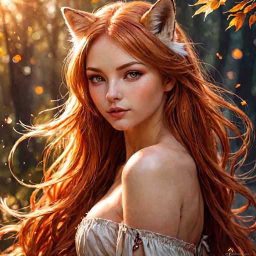 The image depicts a young woman with long, flowing red hair that cascades down to her waist, partially obscuring her shoulders. She is wearing a light gray, off-the-shoulder dress that reveals a hint of cleavage. Her striking green eyes are accentuated by red lipstick, and her face is adorned with freckles. Adding to her whimsical appearance, she has cat ears on top of her head, with the left ear featuring a white feather. The background is a blurred forest scene, with sunlight filtering through the trees, creating a dreamy, ethereal atmosphere. The overall composition suggests a blend of realism and fantasy, possibly indicating that the image is AI-generated.