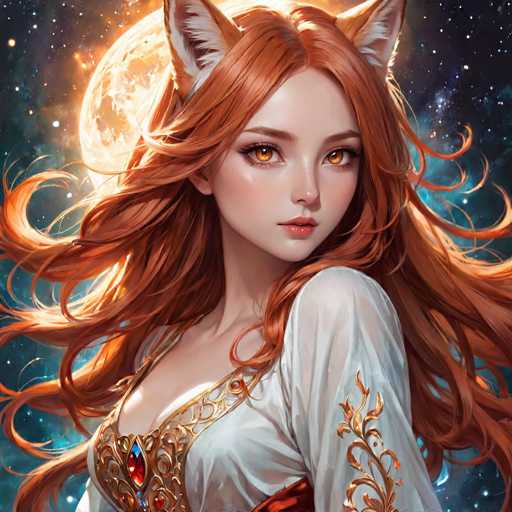This image depicts a highly detailed, computer-generated or AI-generated anime-style illustration of a young woman with long, flowing red hair and striking orange eyes. She has a delicate, pale complexion and is adorned with fox-like ears that are brown on the outside and white on the inside. The woman is dressed in a white, long-sleeved gown that features intricate gold embroidery and a red gem on the chest. Her hair cascades down her back, partially obscuring her shoulders. She is positioned with her body facing left, but her head is turned to look directly at the viewer over her left shoulder. The background is a mesmerizing night sky filled with stars and a large, glowing full moon, adding a mystical and enchanting atmosphere to the scene.