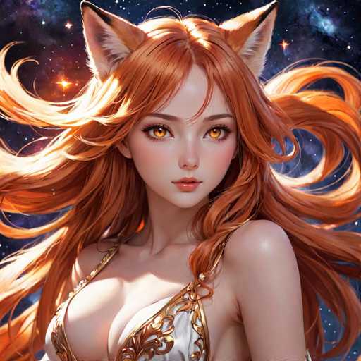 This image features a highly detailed, computer-generated depiction of a young woman with striking red hair and fox-like ears. Her hair, which is long and flowing, cascades down to her waist, with some strands appearing almost golden in the light. She has vibrant orange eyes and a fair complexion, complemented by a small nose and full lips. The woman is adorned in a white and gold top that reveals a significant amount of cleavage, and the fabric appears to be intricately designed with floral patterns. The background is a mesmerizing cosmic scene, filled with stars and swirls of blue, purple, and black, creating a dreamlike atmosphere. The woman is positioned with her body facing left, while her head is turned to look directly at the viewer, giving the impression of a starry night sky enveloping her.