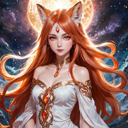 This image depicts a highly detailed, computer-generated anime-style character set against a cosmic background. The character is a young woman with long, flowing red hair that cascades past her waist, adorned with two prominent fox ears. Her striking orange eyes are accentuated by heavy eye makeup, and she wears a red lips. A red and gold jewel is positioned on her forehead, adding to her mystical appearance.

She is dressed in an elaborate white gown featuring intricate gold trim and a prominent red gemstone at the center of her chest. The dress is low-cut, revealing her shoulders and part of her upper chest. A matching red and gold necklace complements her attire, and a choker adorns her neck.

The background is a mesmerizing night sky filled with stars, swirls of purple and blue nebulae, and distant galaxies. A large, glowing yellow moon is situated directly behind her head, casting a radiant light that enhances the ethereal atmosphere of the scene. The overall composition exudes a sense of fantasy and wonder, making the character appear as though she belongs to a magical realm.