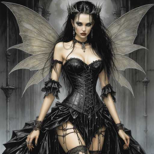 The image depicts a gothic, fantasy-inspired scene featuring a woman with long, dark hair and pale skin. She is adorned with a crown-like headpiece and is wearing a black leather corset that laces up the front, paired with a matching choker necklace. Her attire includes black garters and a leather skirt that extends to her thighs. The woman has large, grayish-white wings that resemble those of a fairy or butterfly, adding to her ethereal appearance. She stands in a dimly lit, gray stone room with arched windows, her head slightly tilted downward, and her eyes gazing directly at the viewer. The overall atmosphere is dark and mysterious, with the woman's striking appearance and intricate details drawing immediate attention.