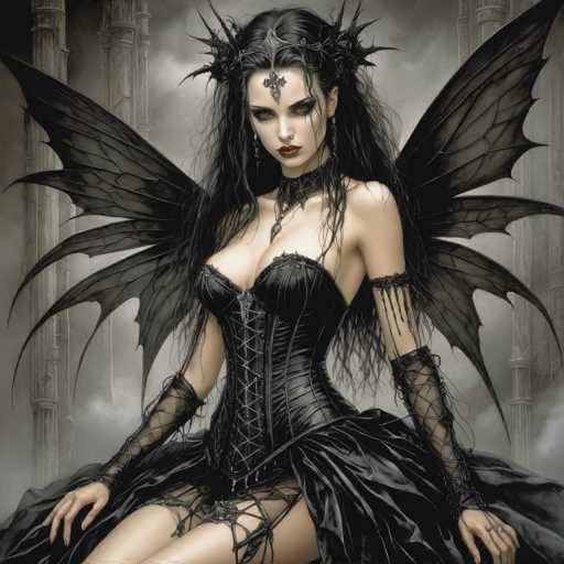 The image depicts a striking gothic fantasy character, a woman with long, dark, stringy hair cascading down her shoulders. She wears a black leather corset laced up the front, paired with fishnet sleeves that extend from her elbows to her wrists. Her attire includes a black skirt and a choker necklace adorned with a cross pendant. A crown made of thorns rests on her head, and a black cross is painted on her forehead. She has black wings with pointed tips sprouting from her back, adding to her ethereal appearance. Her eyes are a haunting brown, and her lips are painted a deep red. The background features a cloudy, gray sky with stone pillars or columns, enhancing the dark and mysterious atmosphere of the scene.