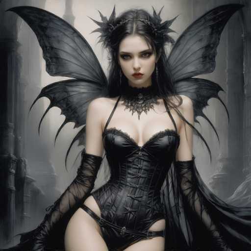 The image portrays a striking gothic-style female character, likely AI-generated, with a dark and ethereal aesthetic. She has long, dark hair adorned with a black headband featuring spikes, and her makeup includes dark eyeshadow and red lipstick. Her attire is a revealing black leather corset with lacing up the front, paired with black garter stockings that accentuate her legs. She wears sheer black sleeves that extend from her elbows to her wrists, and a black choker with lace detailing around her neck. Her wings, resembling those of a bat or butterfly, are black with intricate vein-like patterns. The background is a misty, grayish-black scene with indistinct architectural elements, enhancing the overall dark and mysterious atmosphere of the image.