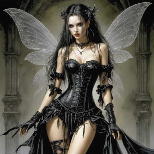 The image depicts a striking, gothic-style female character with long, dark hair adorned with black flowers. She has pale skin and wears a black leather corset with crisscross laces, complemented by black leather gloves and a black skirt. Her outfit is accentuated by black ribbons around her arms and a choker necklace with a pendant. She also sports a garter on her right leg. The character has delicate, translucent white butterfly wings extending from her back. She stands in a dramatic pose, with her right arm extended and her left arm bent, gazing directly at the viewer. The background features a dark, grayish hue with two stone columns on either side, adding to the gothic atmosphere of the scene.