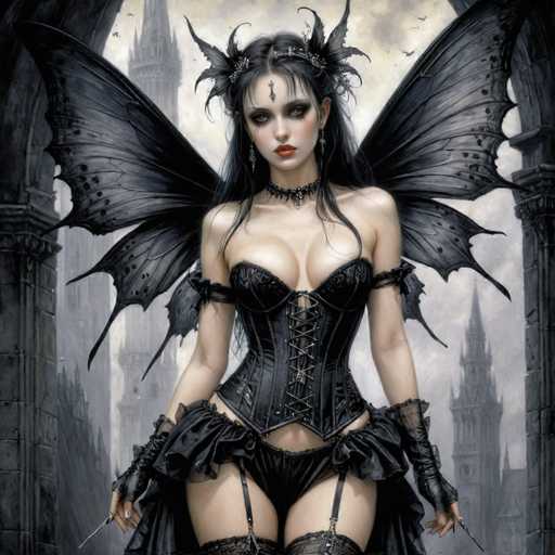 The image depicts a striking gothic-style illustration of a woman with long, dark hair adorned with black wings. She is dressed in a revealing black corset that exposes her cleavage and midriff, paired with black panties and thigh-high stockings. Her outfit is accentuated by a choker necklace with a pendant and long, black gloves that reach up to her biceps, each ending in sharp points. The woman's face is heavily made up, featuring dark eyeshadow, red lipstick, and a distinctive symbol on her forehead. She holds a pair of daggers in her hands. The background is a muted, grayish tone with tall, gothic-style buildings and spires, creating a dark and eerie atmosphere. The overall color palette of the image is dominated by shades of black, gray, and white, with the woman's pale skin and vibrant red lips providing stark contrasts.