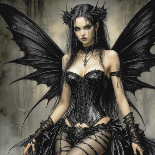 The image depicts a striking gothic-style illustration of a woman with long, dark hair cascading down her shoulders. She is adorned with a black leather corset that laces up to her chest, complemented by a choker necklace and a medallion hanging from it. Her ensemble includes black, lacy gloves that extend up to her elbows and a sheer skirt with black leather straps. Her makeup is dramatic, featuring dark eyeshadow and red lipstick, enhancing her pale complexion. She wears a crown-like headpiece with spikes, adding to her imposing presence. Large, black bat wings extend from her back, and her arms are wrapped in black leather straps. The background is a misty, grayish hue with indistinct, gothic-style buildings, contributing to the overall eerie and mysterious atmosphere of the scene.