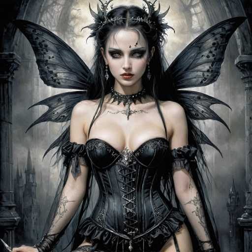 The image depicts a gothic, dark fantasy scene featuring a woman with long, black hair adorned with a silver tiara. She has striking gray eyes, red lips, and a distinctive black teardrop tattoo on her forehead. Her attire includes a black leather corset with lacing, a black choker necklace with a silver pendant, and black ribbons tied around her elbows. She also wears a black bra and has black butterfly wings extending from her back. Her arms are covered in intricate black tattoos, and she holds a silver dagger in her right hand. The background is a dark, smoky gray, with a gothic cathedral featuring tall spires and arched windows. The overall atmosphere is eerie and mysterious, with the woman's pale skin contrasting sharply against the dark surroundings.