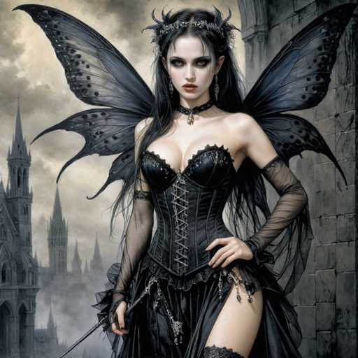 The image depicts a gothic, fantasy-inspired scene featuring a striking woman with butterfly-like black wings. She stands confidently in front of a grand, medieval castle with spires and towers, shrouded in a misty, gray sky. The woman has long, dark hair adorned with a silver crown and wears heavy eye makeup, accentuating her pale complexion. Her attire is a revealing black corset with laces, complemented by a black skirt with a slit up the side, and black garter stockings. She holds a thin, black rapier in her right hand, adding to her enigmatic and powerful presence. The overall atmosphere is dark and mysterious, with the woman's intense gaze and dramatic outfit creating a captivating focal point against the backdrop of ancient stone architecture.
