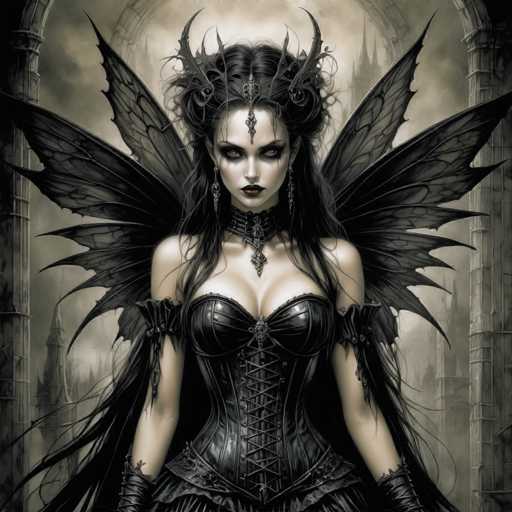 The image depicts a striking gothic-style character, possibly from a video game or animated series. She is a pale-skinned woman with long, dark hair styled in an intricate updo, adorned with a crown-like headpiece that extends down to her forehead. Her eyes are a haunting reddish-brown, and she wears dark lipstick that accentuates her pale complexion. She is dressed in a revealing black corset with crisscross lacing, complemented by black gloves that extend up to her elbows. Her attire is completed with a choker necklace featuring a pendant that hangs down to her chest. She has large, black butterfly-like wings sprouting from her back, adding to her ethereal appearance. The background is a dark, smoky gray, with indistinct buildings and arches, enhancing the overall gothic and mysterious atmosphere of the scene.