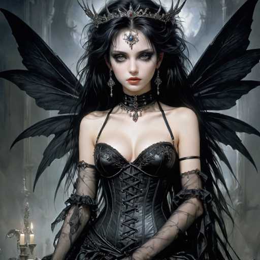 The image portrays a striking gothic-style character, possibly from a video game or animated series. She is a pale-skinned woman with long, dark black hair cascading down to her waist, adorned with a silver crown featuring a red jewel at its center. Her makeup is dramatic, with heavy black eyeliner and red lipstick, and she has a jewel on her forehead. She wears a black corset with crisscross laces, complemented by black lace sleeves and a choker necklace with a pendant. Her black wings, which have a slightly grayish tint, extend from her back, adding to her ethereal appearance. The background is a dark, smoky gray, with a lit candle in a candelabra visible in the bottom left corner, enhancing the gothic atmosphere.