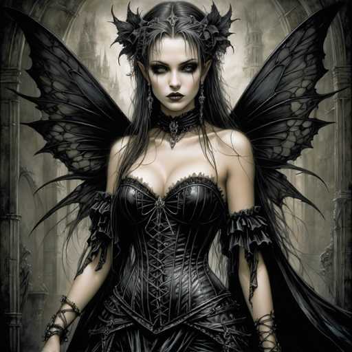 The image depicts a highly detailed, computer-generated illustration of a gothic-style woman with an ethereal presence. She has long, dark hair cascading down her shoulders and is adorned with a black floral headpiece. Her eyes are heavily lined with dark makeup, giving her a haunting gaze, and her lips are painted a deep, dark shade. She wears a black leather corset with laces and a choker necklace, complemented by black leather armbands. Her attire includes a dress with frilly sleeves that extend to her elbows, and she has large, black butterfly-like wings sprouting from her back. The background features a gray, castle-like structure with arches and columns, adding to the overall dark and mysterious atmosphere of the scene.