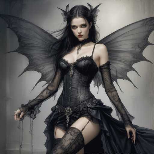 The image depicts a young woman with long, dark hair, styled in a gothic, fantasy-inspired outfit. She is wearing a black corset with intricate lace details and a choker necklace adorned with a silver pendant. Her ensemble includes black, lacy sleeves that extend from her elbows to her hands, and black stockings that reach up to her thighs. She has large, black, bat-like wings attached to her back, adding to her ethereal appearance. Her makeup is dramatic, with dark eyeshadow and red lipstick, and she has a serious expression as she gazes directly at the camera. The background is a light gray, possibly suggesting an indoor setting like a house or a building. The overall color palette of the image is predominantly black and gray, with the only splash of color being her red lips.